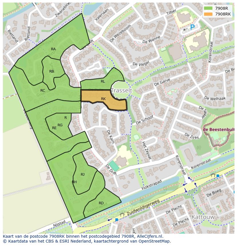 Afbeelding van het postcodegebied 7908 RK op de kaart.