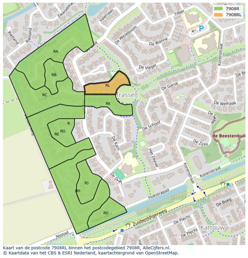 Afbeelding van het postcodegebied 7908 RL op de kaart.