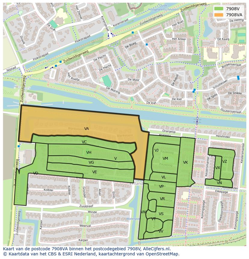 Afbeelding van het postcodegebied 7908 VA op de kaart.