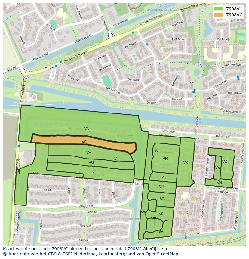 Afbeelding van het postcodegebied 7908 VC op de kaart.