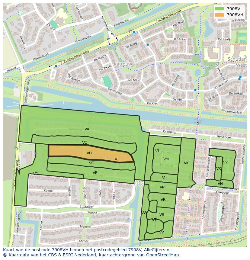 Afbeelding van het postcodegebied 7908 VH op de kaart.