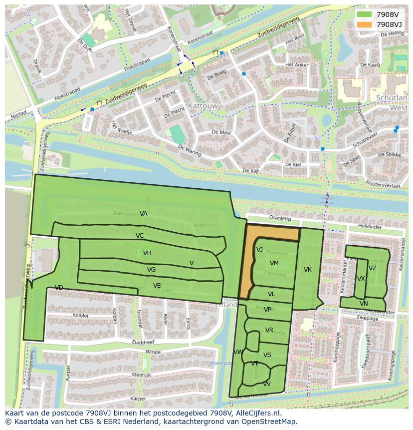 Afbeelding van het postcodegebied 7908 VJ op de kaart.