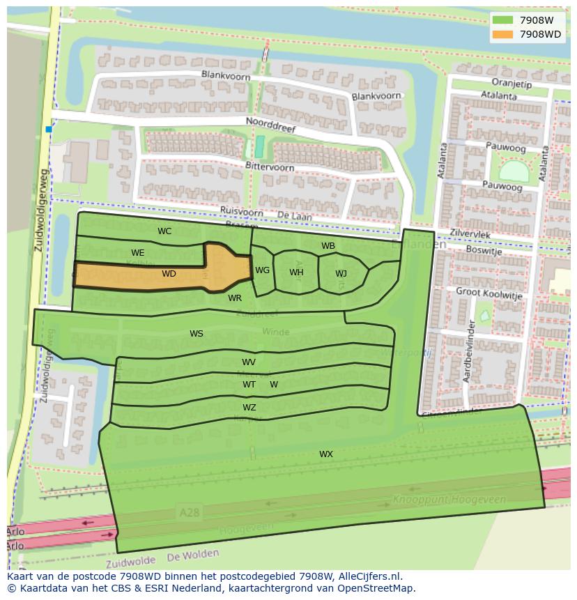 Afbeelding van het postcodegebied 7908 WD op de kaart.