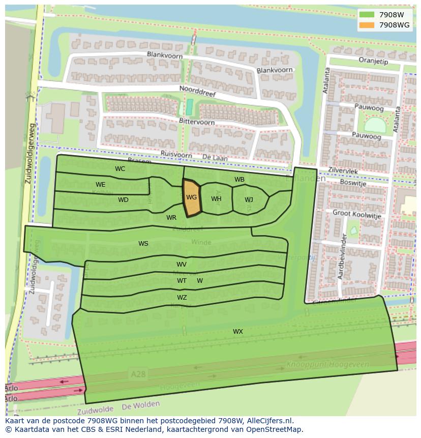 Afbeelding van het postcodegebied 7908 WG op de kaart.