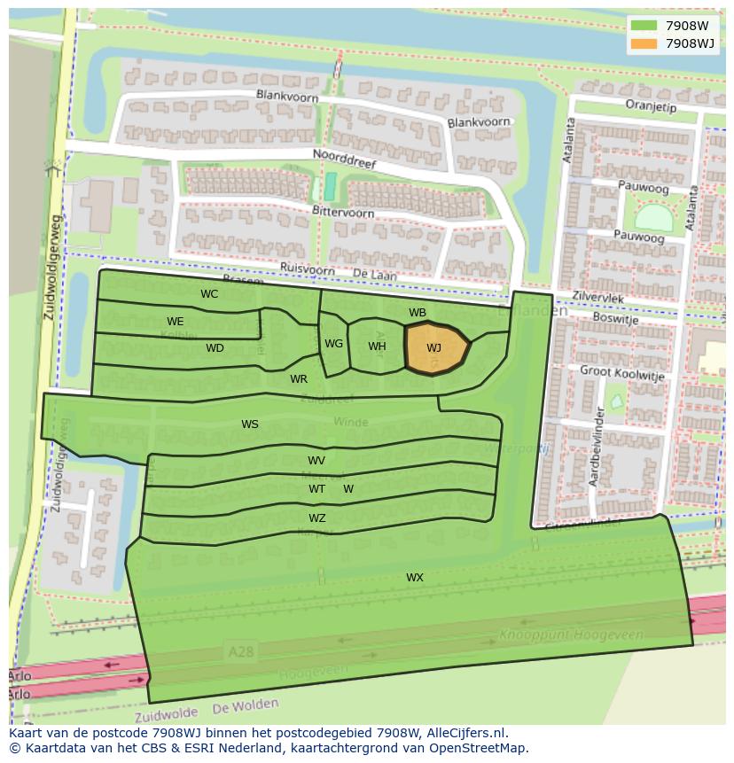 Afbeelding van het postcodegebied 7908 WJ op de kaart.