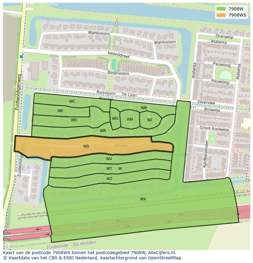 Afbeelding van het postcodegebied 7908 WS op de kaart.