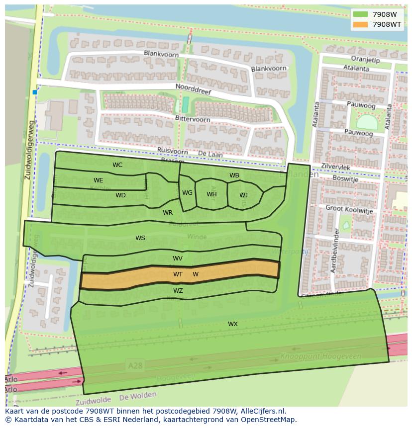 Afbeelding van het postcodegebied 7908 WT op de kaart.