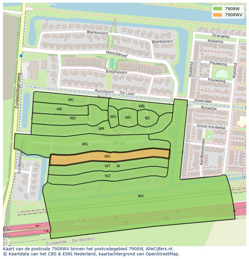 Afbeelding van het postcodegebied 7908 WV op de kaart.