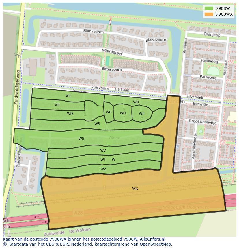 Afbeelding van het postcodegebied 7908 WX op de kaart.
