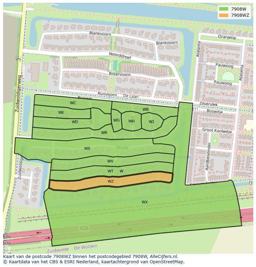 Afbeelding van het postcodegebied 7908 WZ op de kaart.