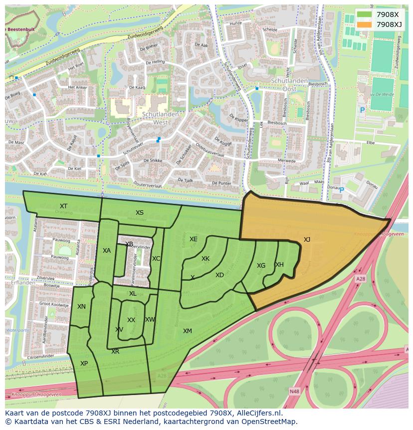 Afbeelding van het postcodegebied 7908 XJ op de kaart.