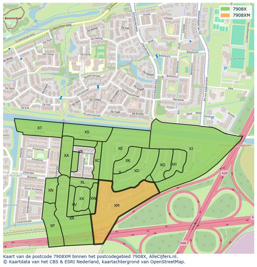 Afbeelding van het postcodegebied 7908 XM op de kaart.