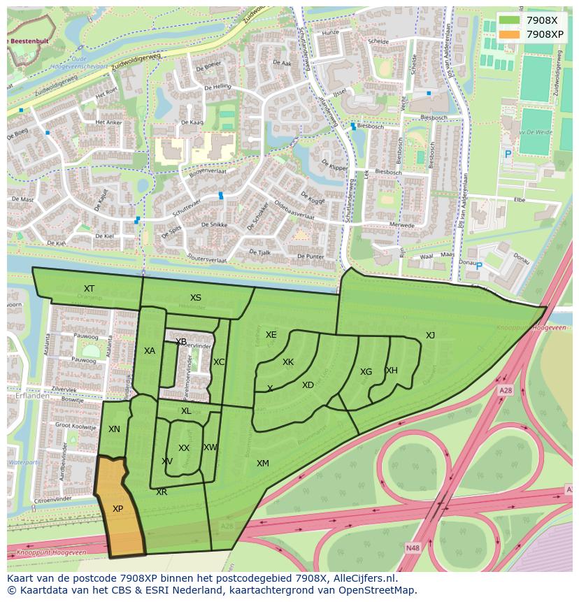 Afbeelding van het postcodegebied 7908 XP op de kaart.