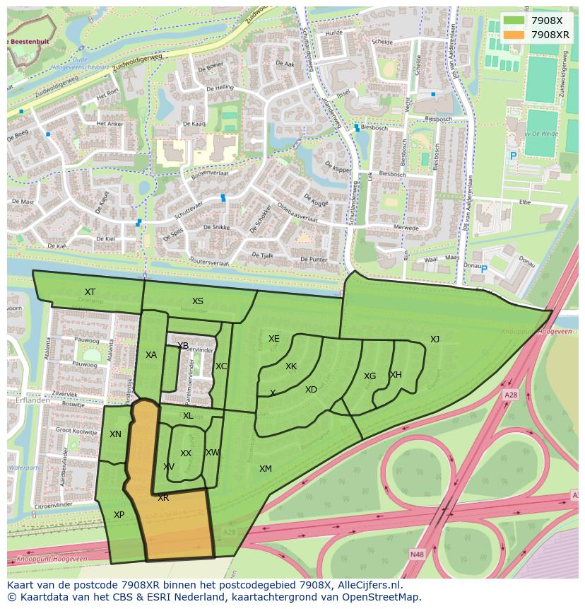 Afbeelding van het postcodegebied 7908 XR op de kaart.