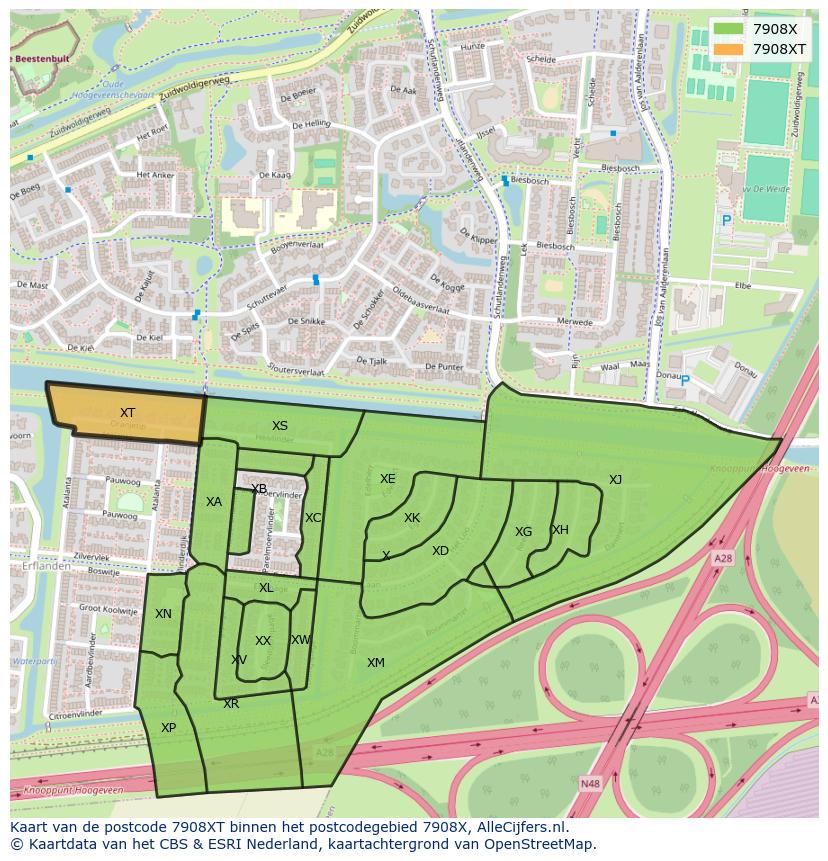 Afbeelding van het postcodegebied 7908 XT op de kaart.