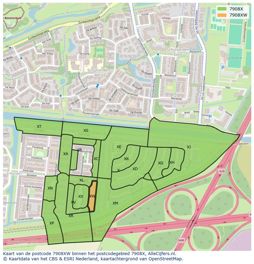 Afbeelding van het postcodegebied 7908 XW op de kaart.
