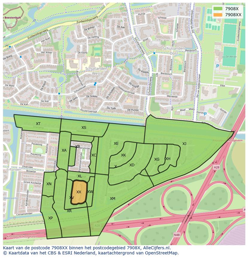 Afbeelding van het postcodegebied 7908 XX op de kaart.