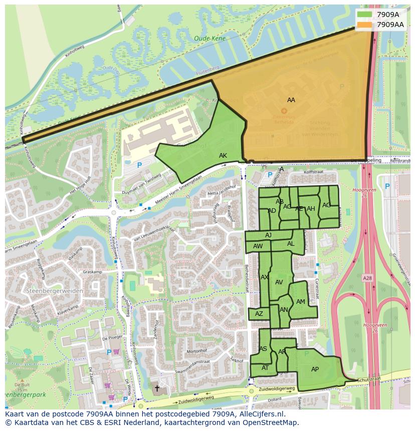 Afbeelding van het postcodegebied 7909 AA op de kaart.