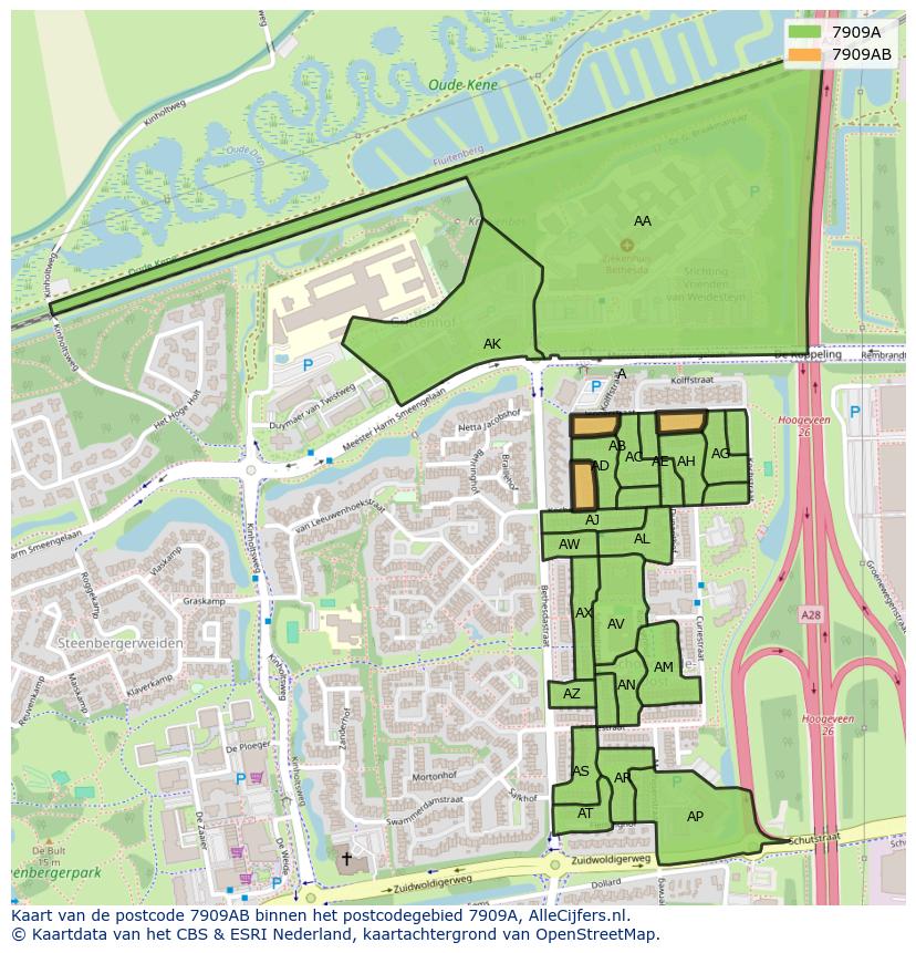 Afbeelding van het postcodegebied 7909 AB op de kaart.