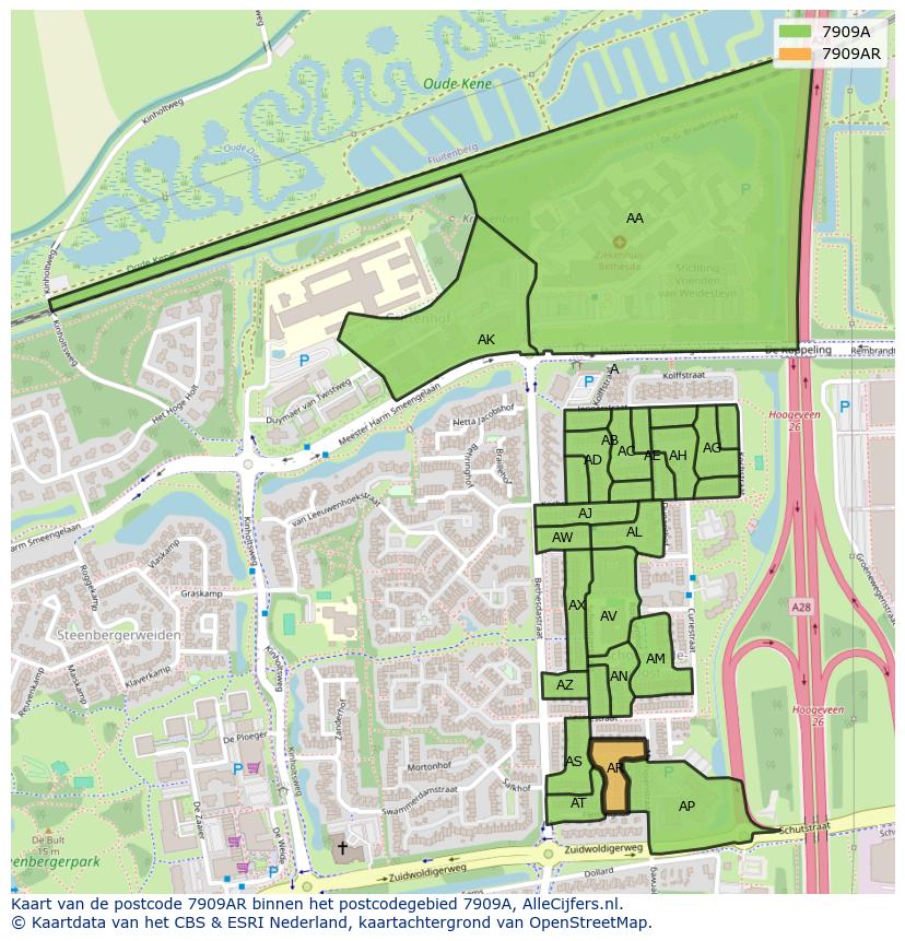 Afbeelding van het postcodegebied 7909 AR op de kaart.