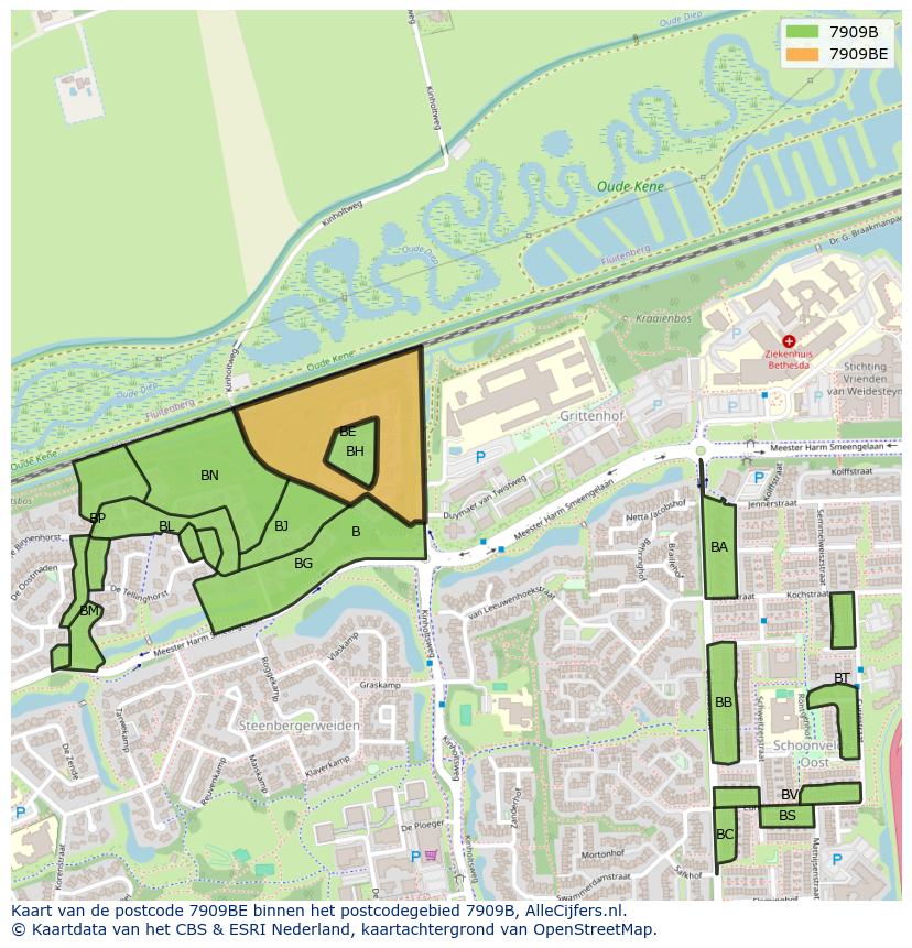 Afbeelding van het postcodegebied 7909 BE op de kaart.