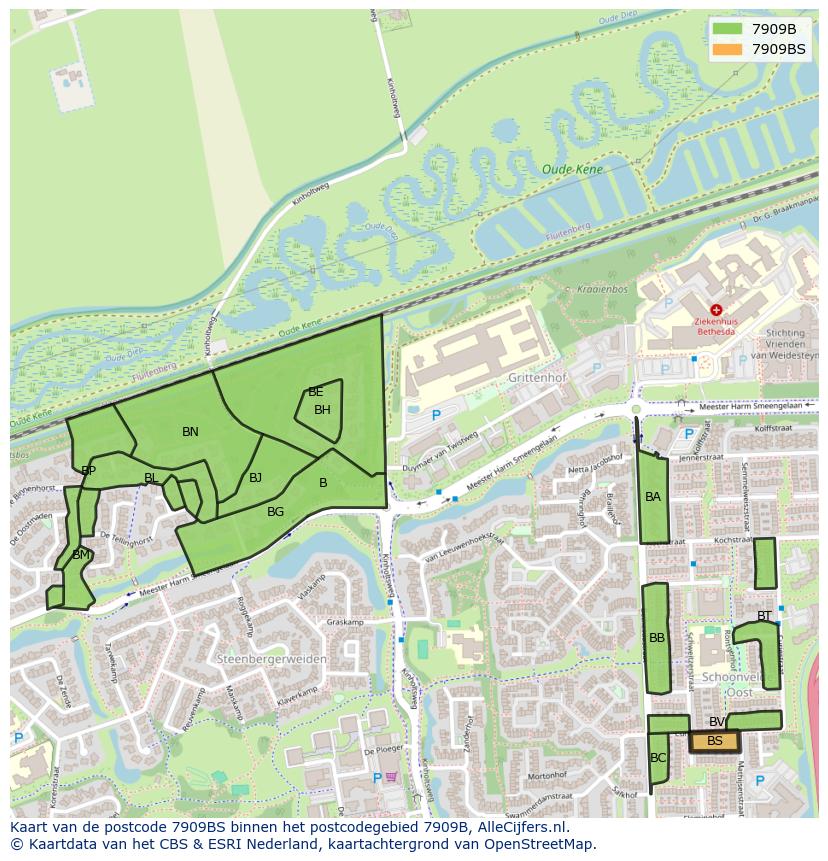 Afbeelding van het postcodegebied 7909 BS op de kaart.