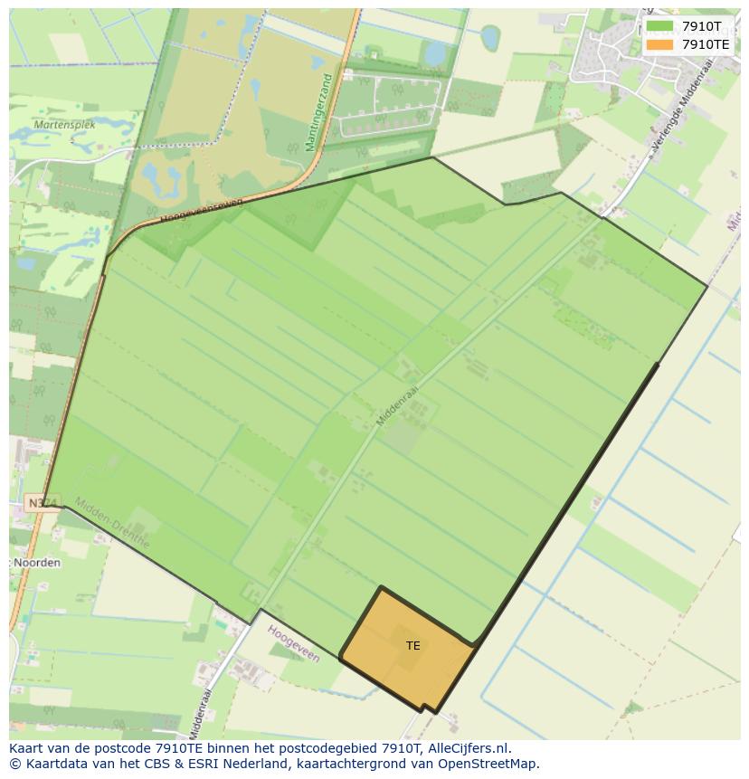 Afbeelding van het postcodegebied 7910 TE op de kaart.