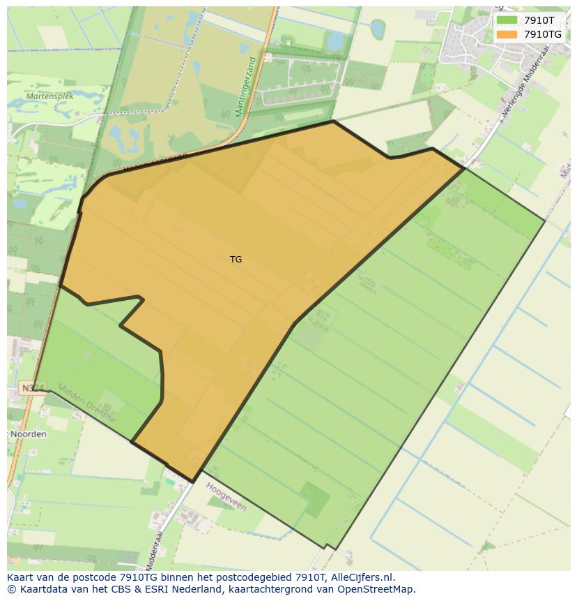 Afbeelding van het postcodegebied 7910 TG op de kaart.