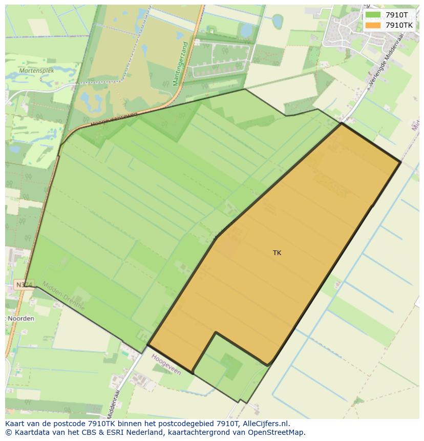 Afbeelding van het postcodegebied 7910 TK op de kaart.