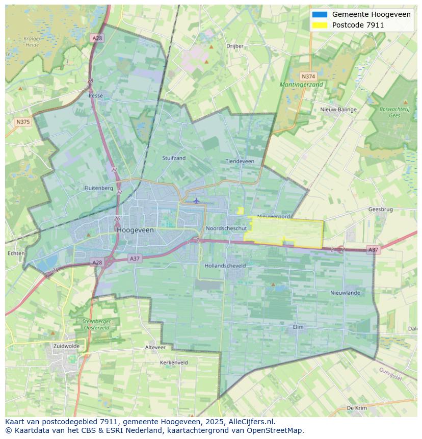 Afbeelding van het postcodegebied 7911 op de kaart.