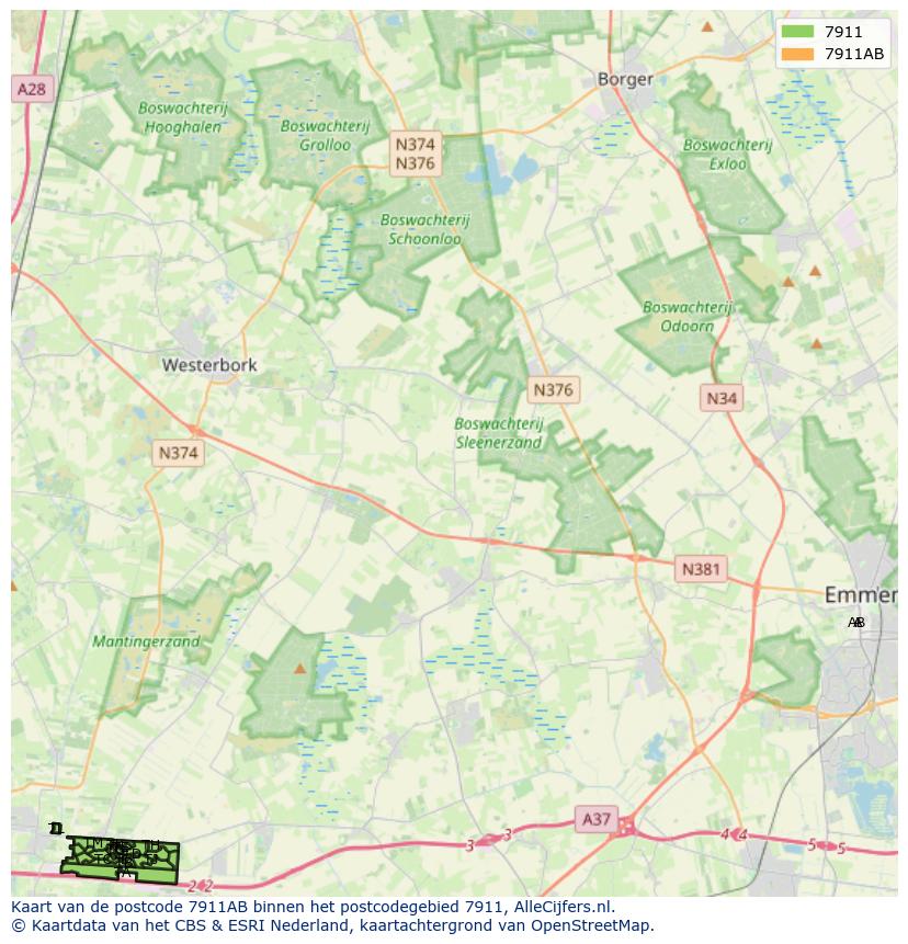 Afbeelding van het postcodegebied 7911 AB op de kaart.