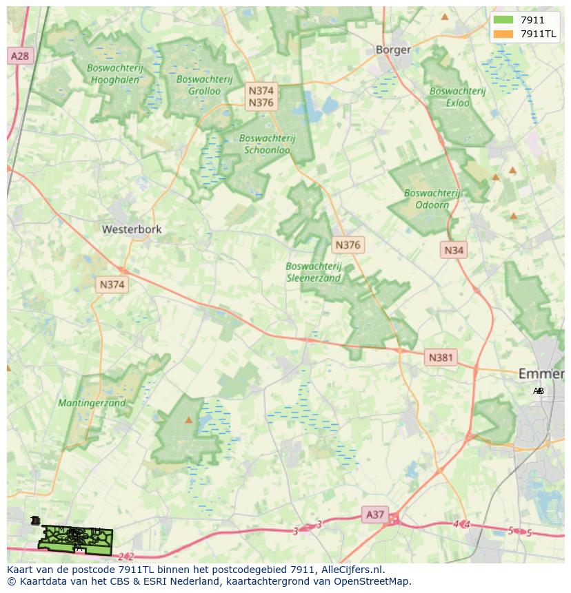 Afbeelding van het postcodegebied 7911 TL op de kaart.