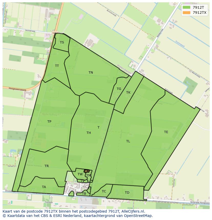 Afbeelding van het postcodegebied 7912 TX op de kaart.