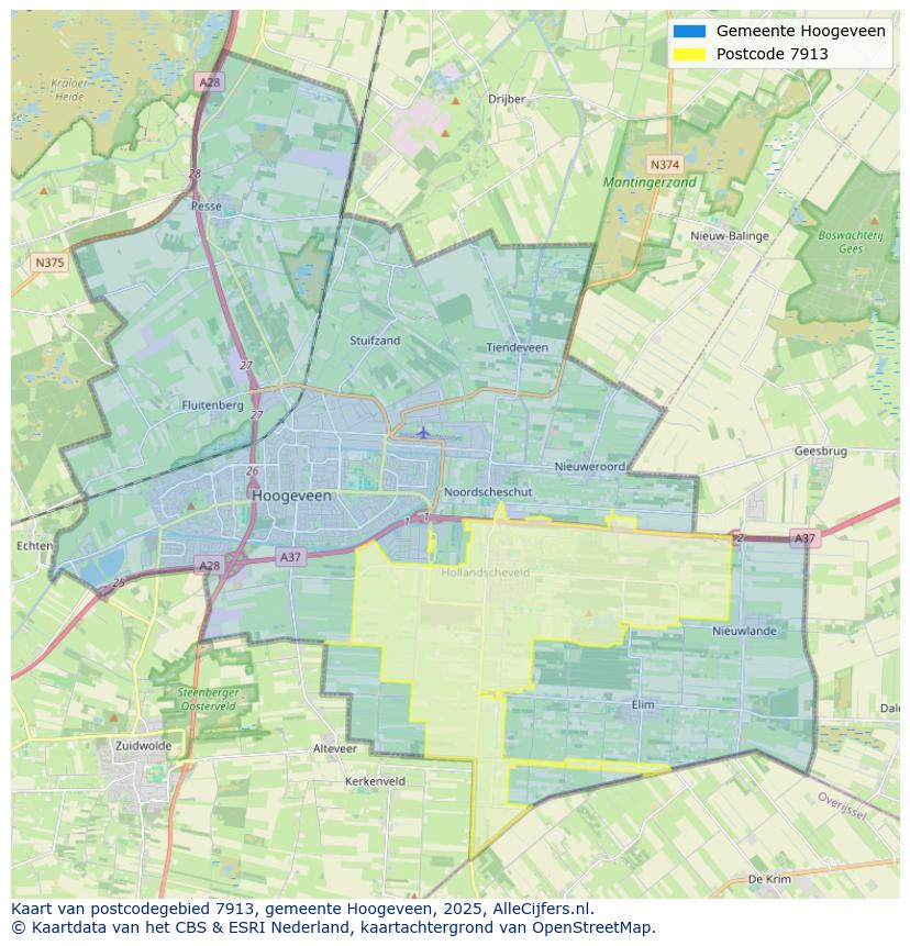 Afbeelding van het postcodegebied 7913 op de kaart.