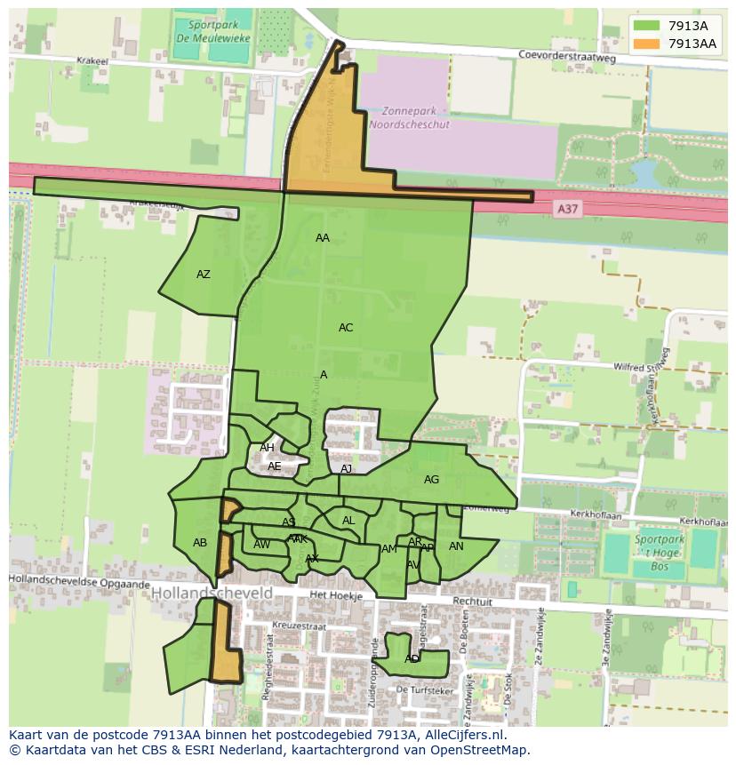 Afbeelding van het postcodegebied 7913 AA op de kaart.