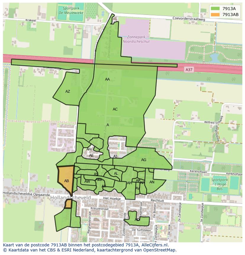 Afbeelding van het postcodegebied 7913 AB op de kaart.