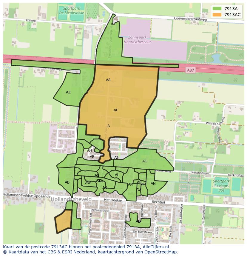 Afbeelding van het postcodegebied 7913 AC op de kaart.