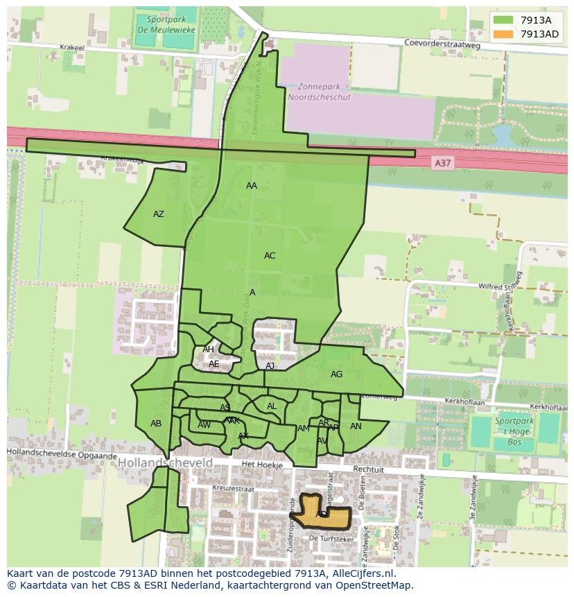 Afbeelding van het postcodegebied 7913 AD op de kaart.