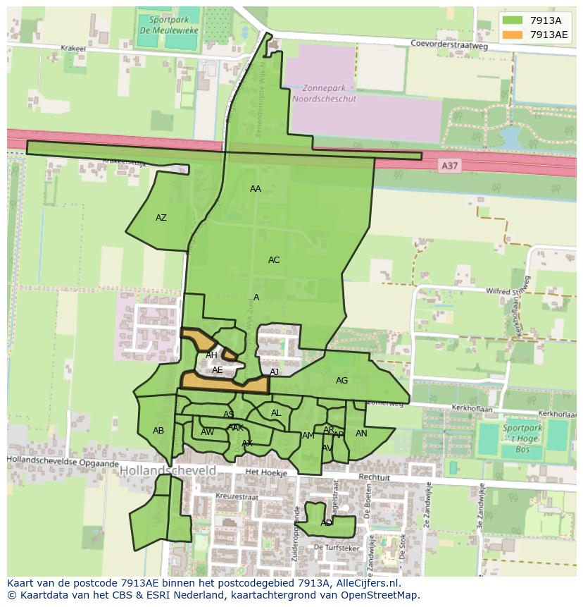Afbeelding van het postcodegebied 7913 AE op de kaart.