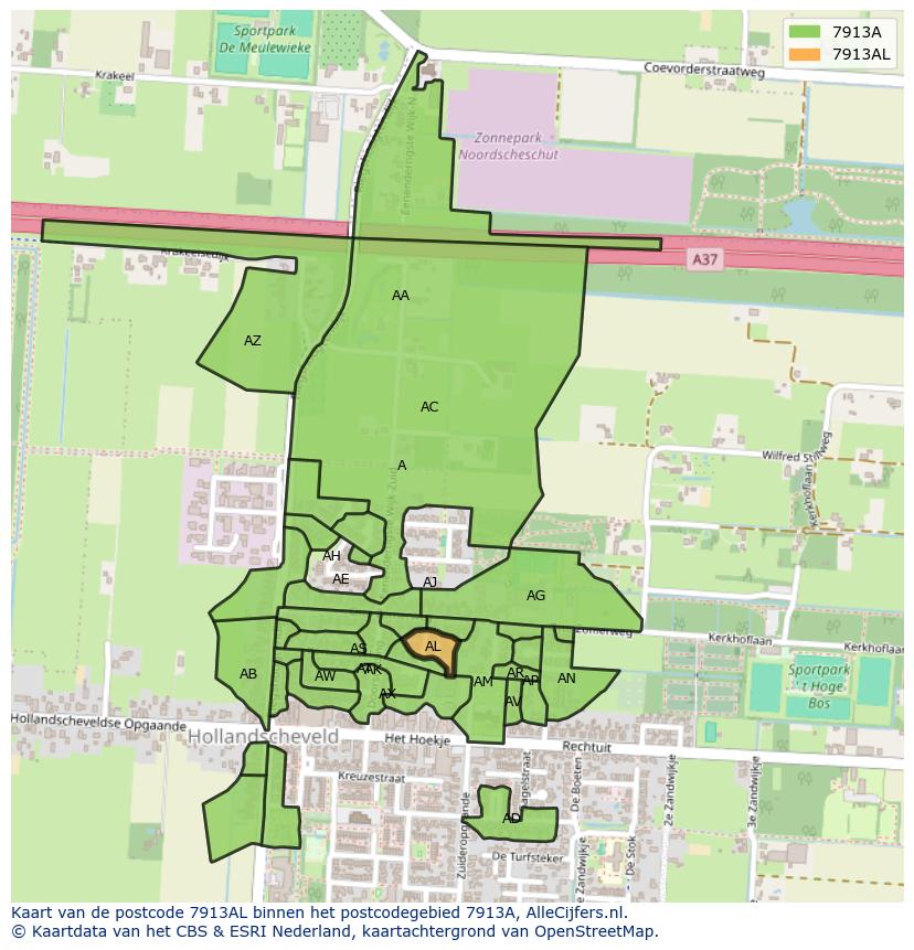 Afbeelding van het postcodegebied 7913 AL op de kaart.