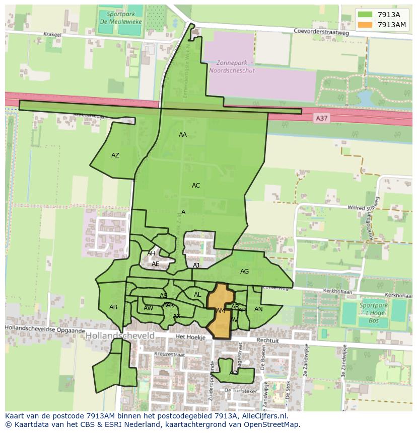Afbeelding van het postcodegebied 7913 AM op de kaart.