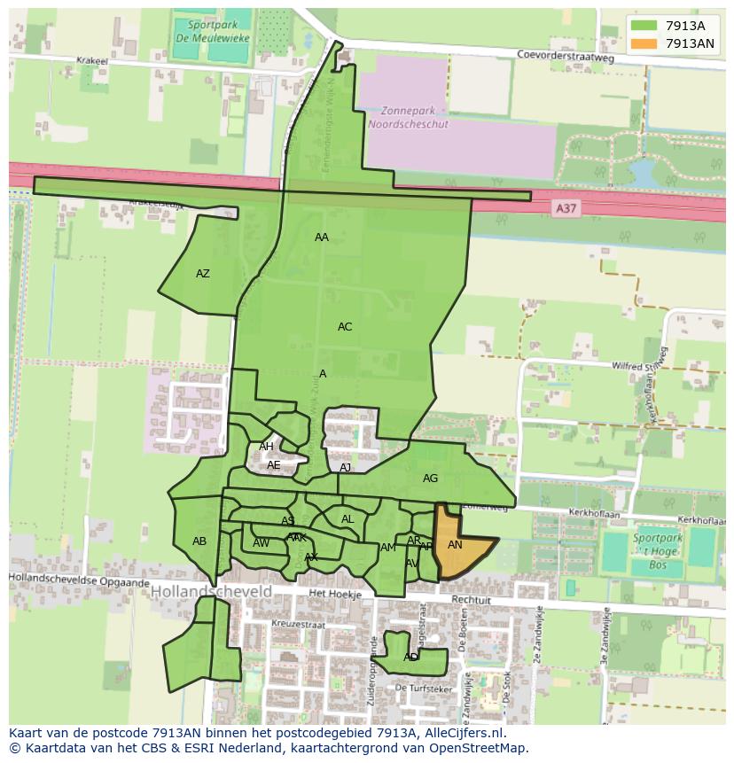 Afbeelding van het postcodegebied 7913 AN op de kaart.