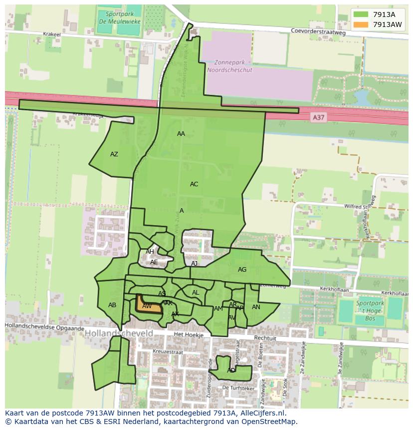 Afbeelding van het postcodegebied 7913 AW op de kaart.