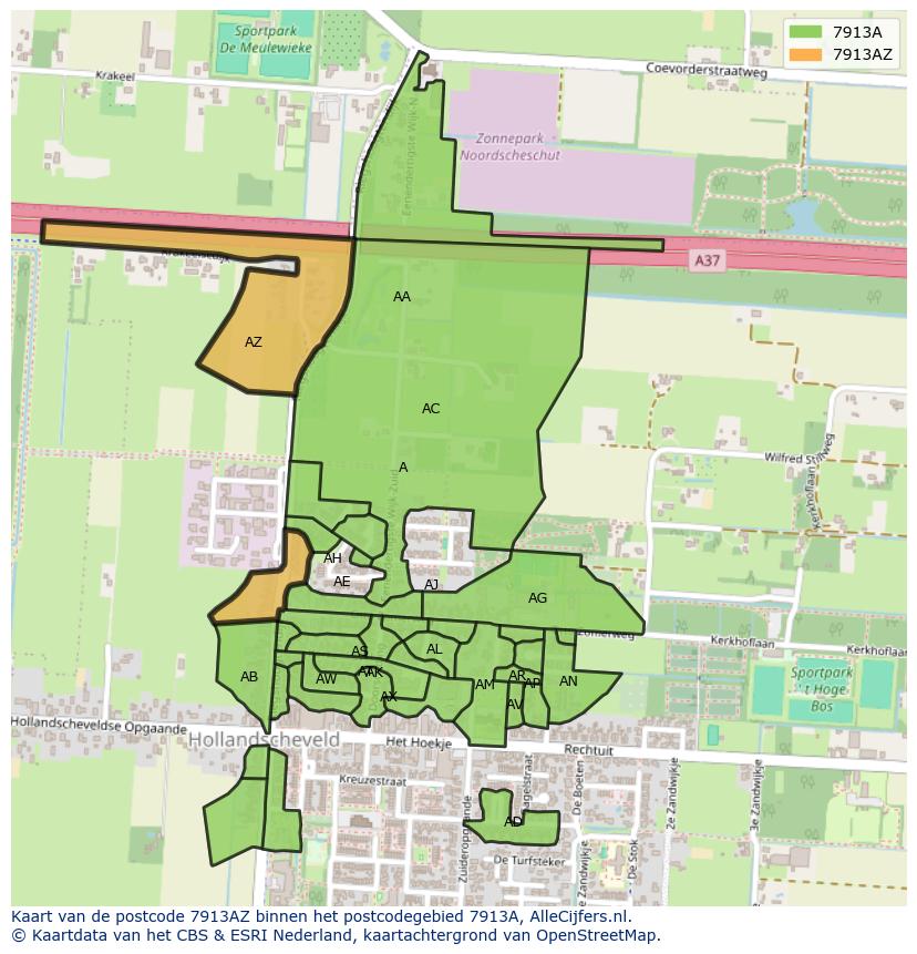 Afbeelding van het postcodegebied 7913 AZ op de kaart.
