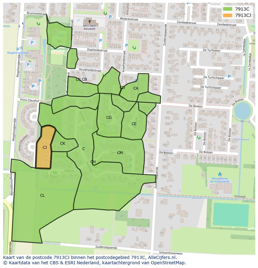 Afbeelding van het postcodegebied 7913 CJ op de kaart.