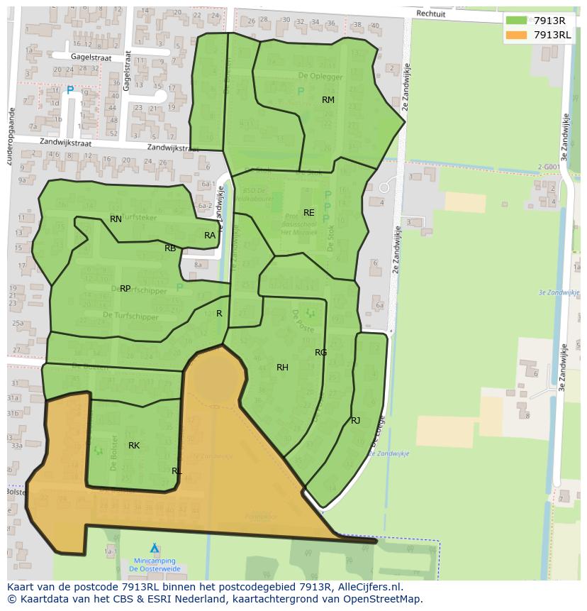Afbeelding van het postcodegebied 7913 RL op de kaart.