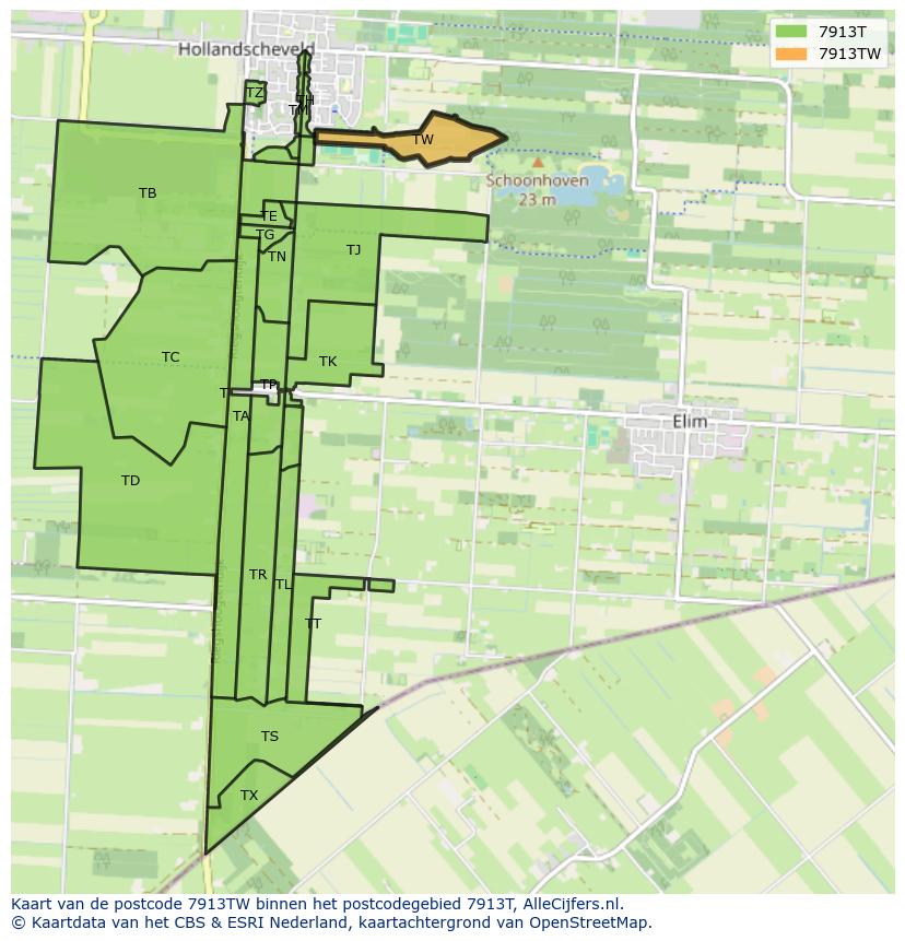 Afbeelding van het postcodegebied 7913 TW op de kaart.