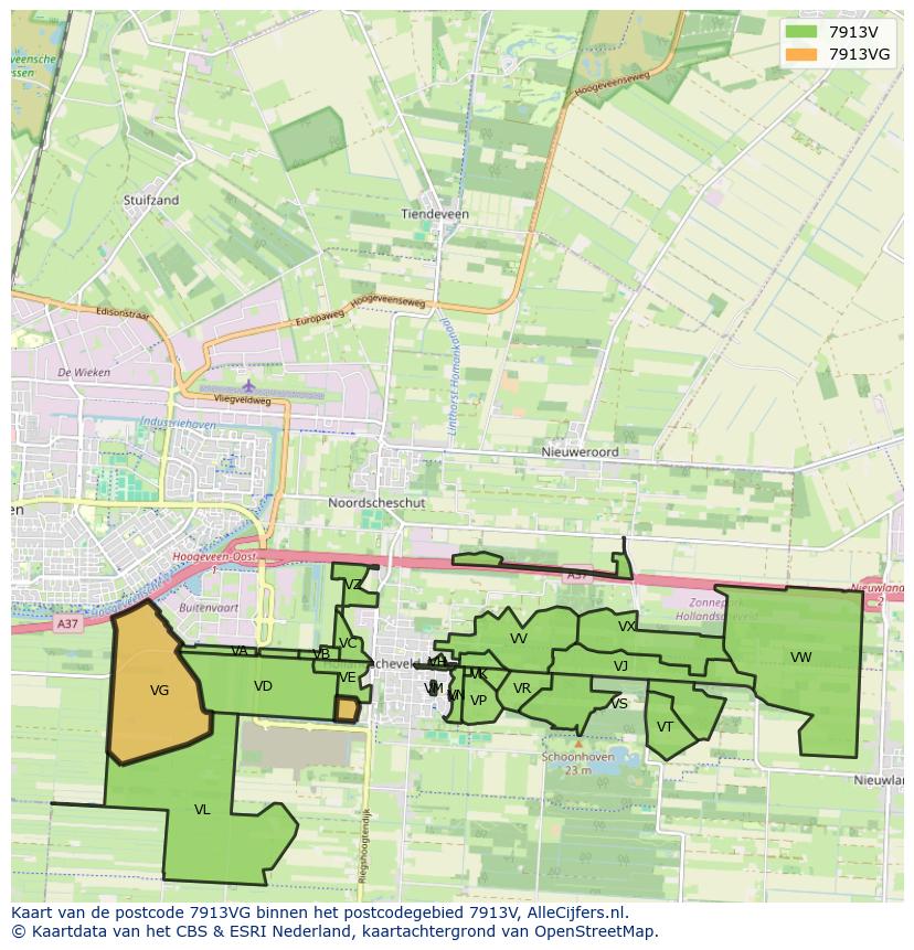 Afbeelding van het postcodegebied 7913 VG op de kaart.