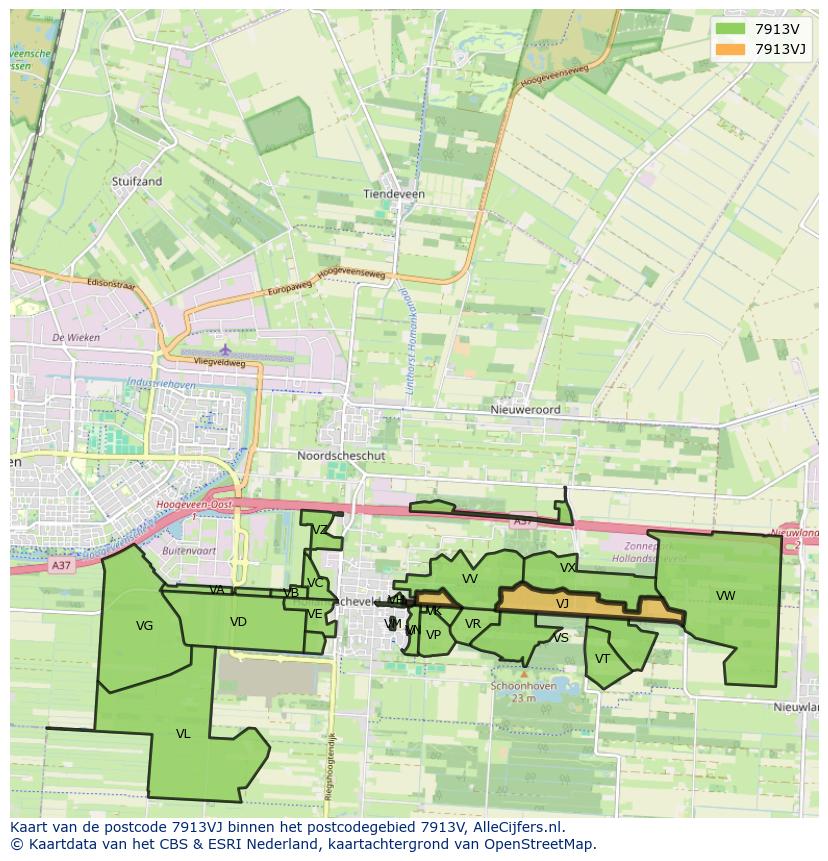 Afbeelding van het postcodegebied 7913 VJ op de kaart.