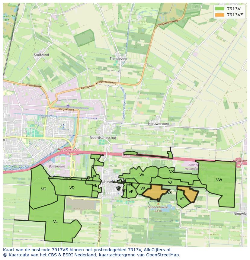 Afbeelding van het postcodegebied 7913 VS op de kaart.